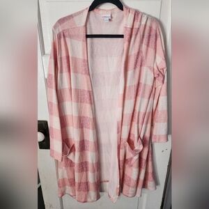 LuLaRoe 2xl Open Front Long Duster Cardigan Pink/White Block Pattern Pockets